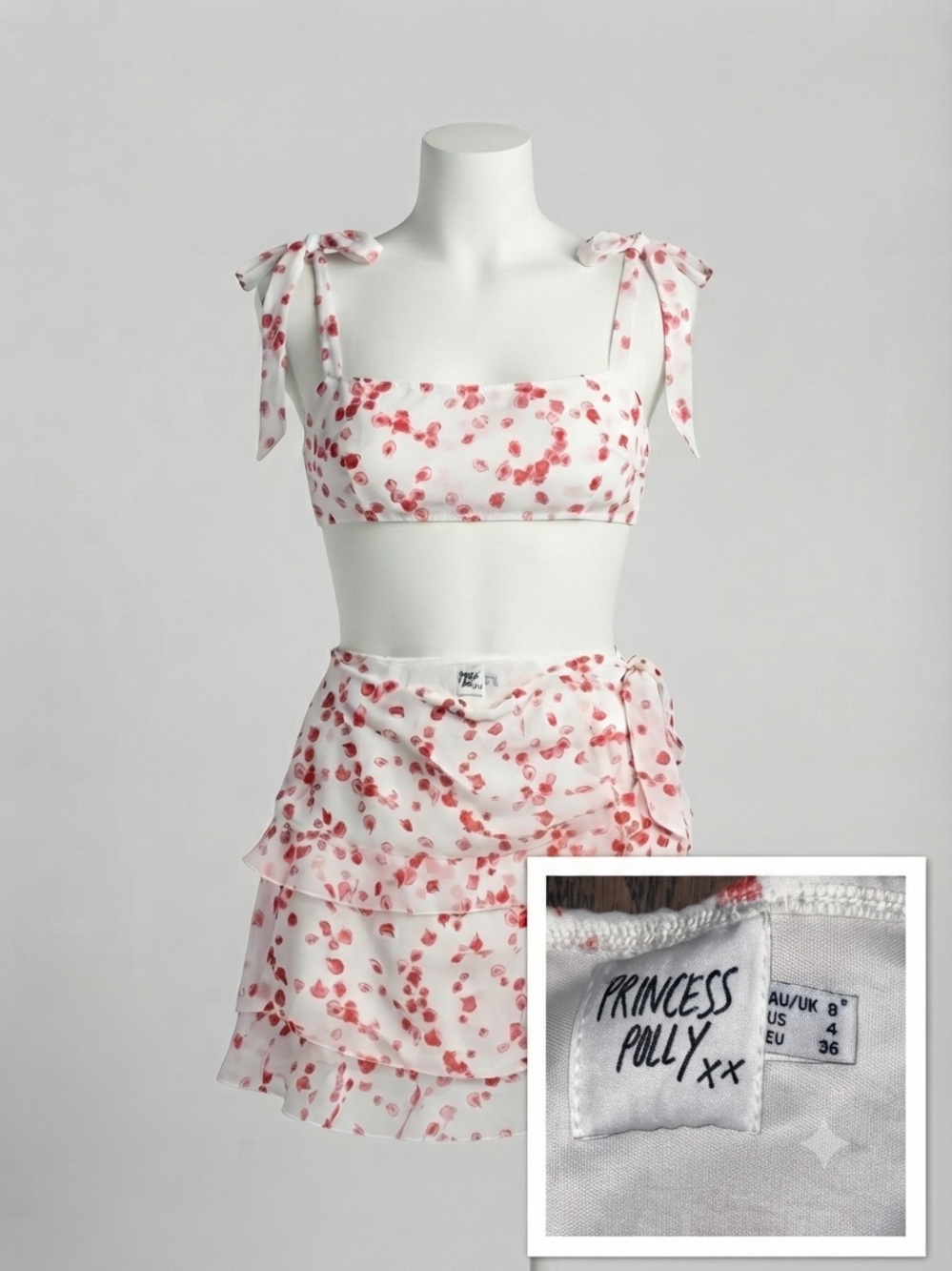 PRINCESS POLLY 2 piece set Front Tie top & Ruffle skirt sz 4 White w/Red Flowers